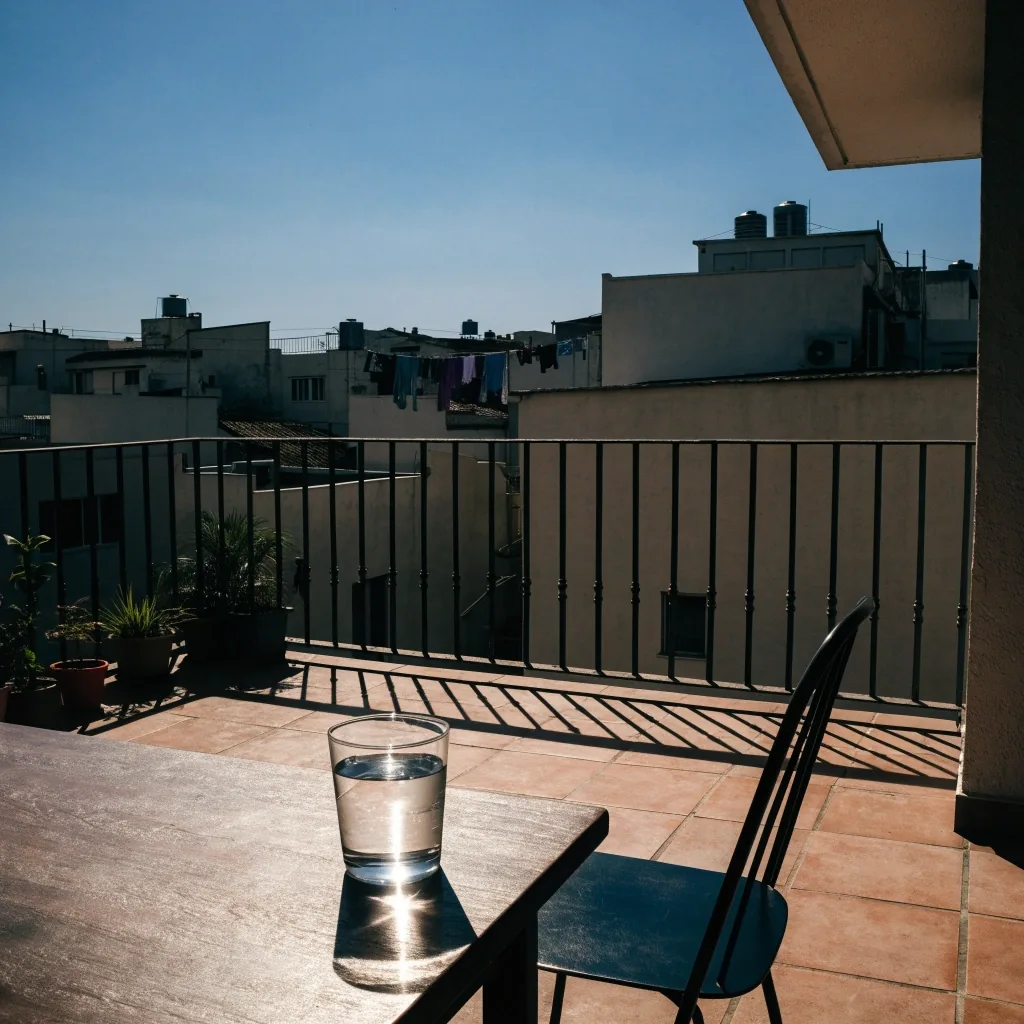 Balkon kantor di Bandung saat tengah hari, kursi kosong dan gelas air di atas meja, tanpa orang.