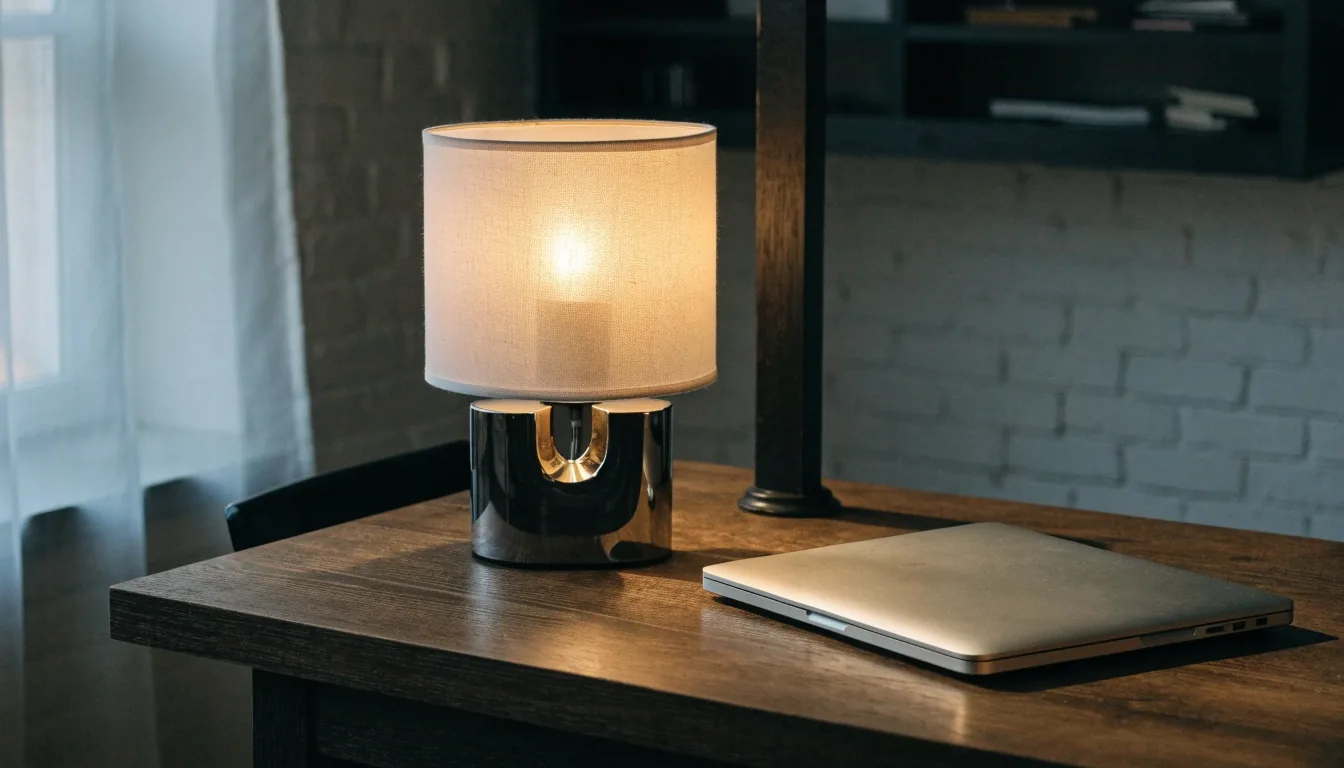 Meja kerja malam di ruang editorial VitalLife dengan lampu menyala dan laptop tertutup