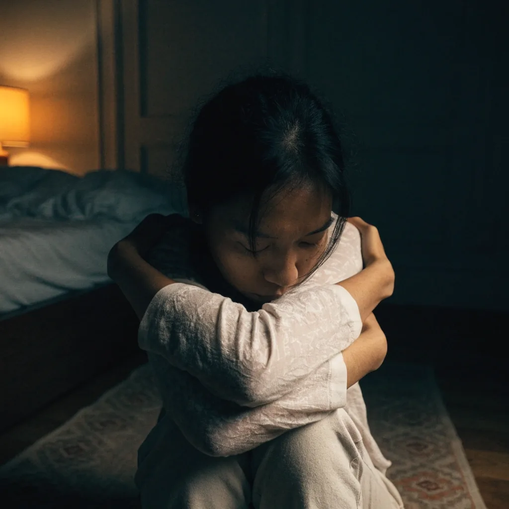 Perempuan muda duduk tenang dengan tangan menyilang di dada melakukan butterfly hug