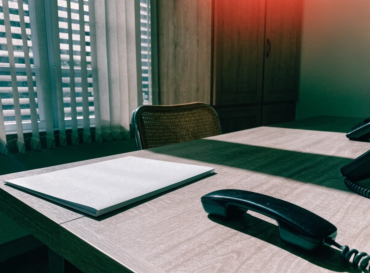 Meja kerja editorial sederhana di ruang kantor Bandung dengan cahaya siang yang keras