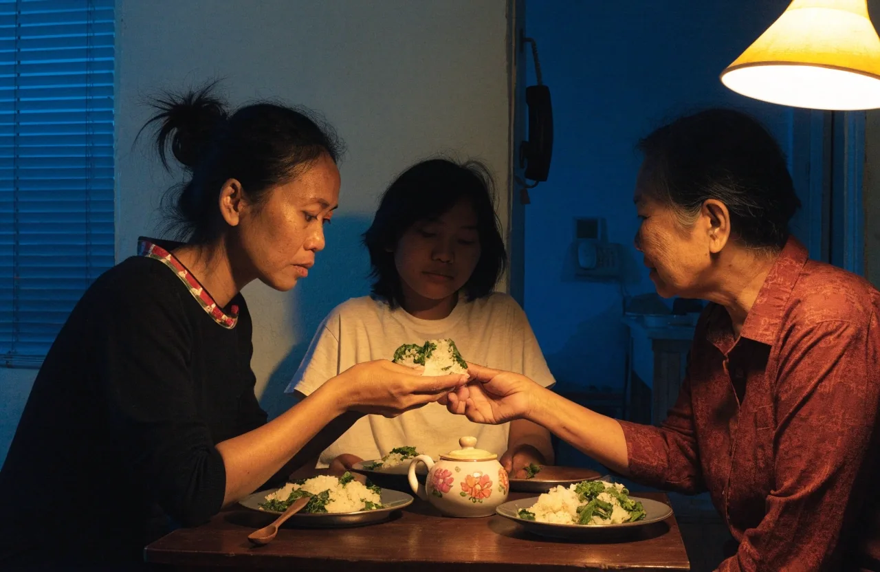 Makan bersama keluarga di meja makan sederhana pada malam hari